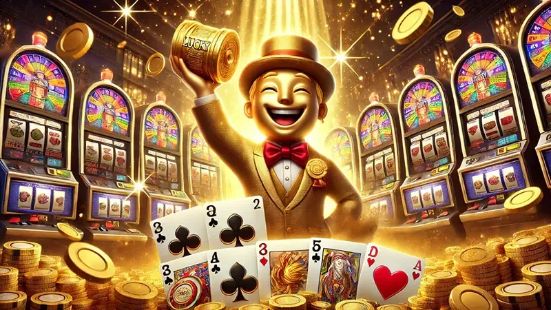 Layar permainan slot dengan simbol dan gulungan berwarna